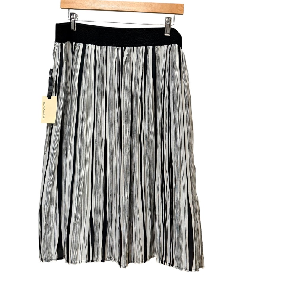 Emaline Essentials Black White Striped Pleated Midi Skirt XL NWT